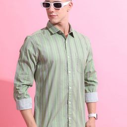 KETCH Green Slim Fit Opaque Striped Cotton Casual Shirt-image-76