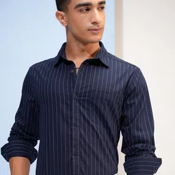 HIGHLANDER Vertical Stripes Spread Collar Long Sleeves Slim Fit Cotton Casual Shirt-image-66