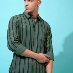 HIGHLANDER Olive Green Slim Fit Vertical Striped Spread Collar Cotton Casual Shirt-image-31