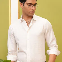 LOCOMOTIVE Luxe White Popcorn Textured Party Evening Shirt-image-81
