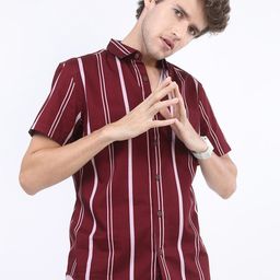 HIGHLANDER Men Maroon Striped Cotton Slim Fit Casual Shirt-image-19
