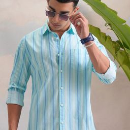 HIGHLANDER Blue Classic Slim Fit Vertical Striped Spread Collar Cotton Casual Shirt-image-70