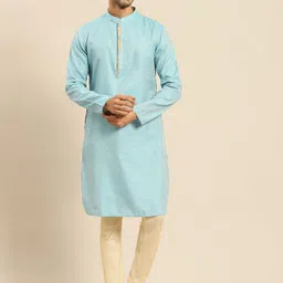 Amodh by Kisah Men Turquoise Blue Jacquard Kurta-38