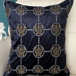TARA- Sparkling Homes Blue & Gold-Toned Embroidered Velvet Square Cushion Cover-image-50