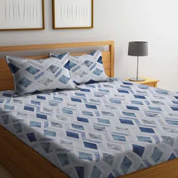 KLOTTHE Blue & White Geometric Printed 400 TC Pure Cotton Double Bedsheet Set-30