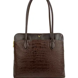 Hidesign Coffee Brown Handcrafted Croc Textured Leather Structured Shoulder Bag-image-22