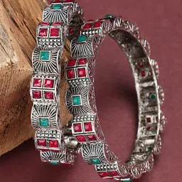 ANIKAS CREATION Set Of 2 Oxidized Silver-Plated Stones-Studded Bangles-42