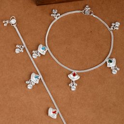 Silvermerc Designs Set Of 2  Silver-Plated Red & Green Stone-Studded & Beaded Antique Anklets-image-69