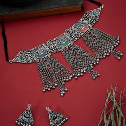 ATIBELLE German Silver-Plated Meenakari Ghunghroo Stone Studded Jewellery set-image-61