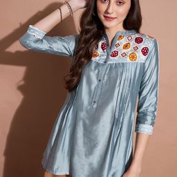 DressBerry Blue Floral Embroidered Mandarin Collar Longline Top-image-14
