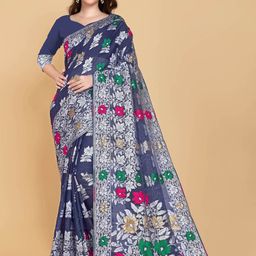 BESUCHER Navy Blue & Silver-Toned Woven Design Zari Silk Cotton Jamdani Saree-image-67
