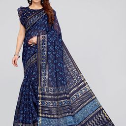 MIRCHI FASHION Blue & White Batik Block Print Cotton Saree-10