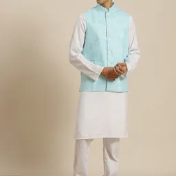 SOJANYA Men White & Blue Solid Regular Kurta with Churidar & Nehru Jacket-picture-10