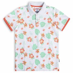 Beverly Hills Polo Club Boys White & Orange Tropical Printed Polo Collar T-shirt-image-51