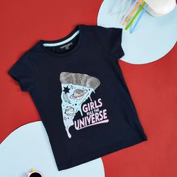 Pantaloons Junior Girls Navy Blue Typography Printed Applique T-shirt-image-88