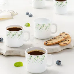 Larah by BOROSIL White & Green Floral Printed Opalware Glossy Mugs Set of Cups and Mugs-7