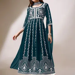 FabFairy Floral Embroidered Georgette Anarkali Kurta With Dupatta-18