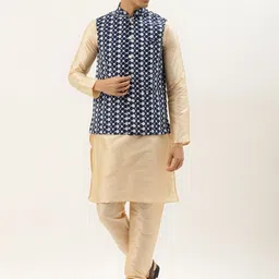 SOJANYA Men Golden Thread Work Kurta with Churidar & Nehru Jacket-picture-48