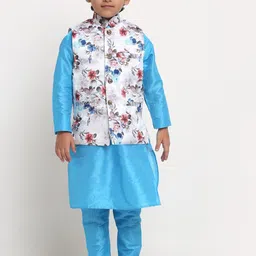 Benstoke Boys Blue Solid Silk Blend Kurta with Churidar & White Printed Nehru jacket-image-12