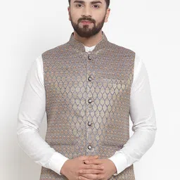 TREEMODA Men Blue & Gold-Coloured Ethnic Motifs Brocade Nehru Jacket-picture-17