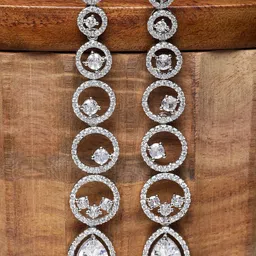 ZENEME Rhodium-Plated American Diamond Studded Circular Shaped Drop Earrings-17