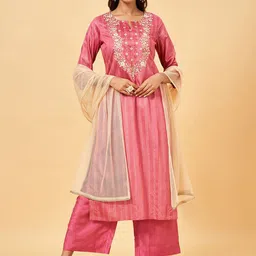 RANGMANCH BY PANTALOONS Ethnic Motifs Thread Work Pure Cotton Straight Kurta with Palazzos-24