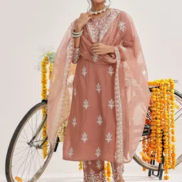 Varanga Ethnic Motifs Embroidered Thread Work Pure Cotton Kurta & Trousers With Dupatta-47