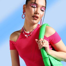 Veni Vidi Vici Fuchsia Self Design Cold-Shoulder Sleeves Crop Top-picture-9