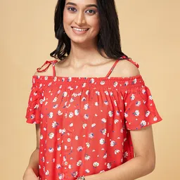 People Red & white Floral Printed Cold-Shoulder Top-picture-34