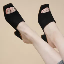The Roadster Lifestyle Co. Black Textured Open Toe Block Heels-13