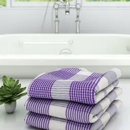 Athom Trendz Unisex Set Of 3 White & Purple Checked 210 GSM Premium Bath Towels-22