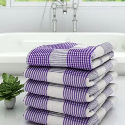 Athom Trendz Unisex Set Of 5 White & Purple Checked 210 GSM Premium Bath Towels-9