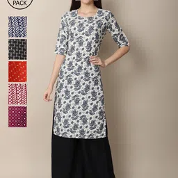 KALINI Women Set Of 6 White & Violet Floral Printed Crepe Kurta-image-53