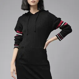 The Roadster Lifestyle Co. Black Solid Ribbed Hooded Acrylic Jumper Dress-picture-14