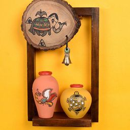 AAKRITI ART CREATIONS Brown & Yellow Wooden Shelf With 2 Pots Wall Decor-14
