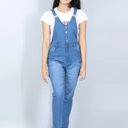 StyleStone Girls Blue Solid Cotton Denim Dungarees-image-58
