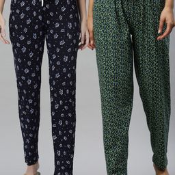 Kryptic Women Pack of 2 Maroon & Green Printed Mid Rise Cotton Lounge Pants-image-89