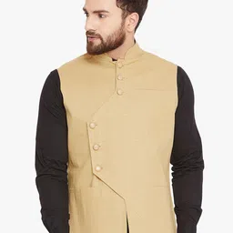 Hypernation Men Khaki-Colored Solid Mandarin Collar Cotton Nehru Jacket-37