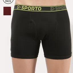 SPORTO Men Pack Of 2 Olive & Maroon Solid Cotton Trunks-picture-33
