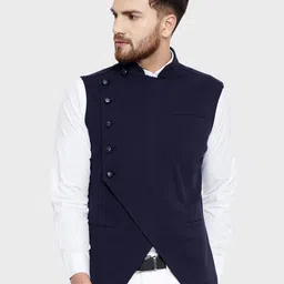 Hypernation Men Navy Blue Asymmetric Pure Cotton Knitted Nehru Jacket-5