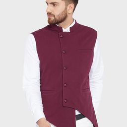 Hypernation Men Maroon Asymmetric Mandarin Collar Cotton Nehru Jacket-picture-38