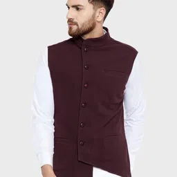 Hypernation Men Brown Solid Mandarin Collar Asymmetric Nehru Jacket-50