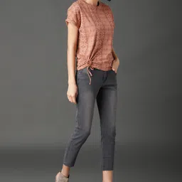 Roadster Women Beige Printed Pure Cotton Top with Tie-up Detail-image-8