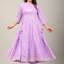 YUSRA Floral Printed Regular Thread Work Pure Cotton Kurta With Trousers & Dupatta image 1