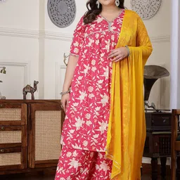 Little More By Stylum Plus Size Floral Printed Empire Cotton Kurta with Palazzos & Dupatta-picture-35