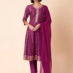 INDYA Ethnic Motifs Printed Thread Work Detailed A-Line Kurta & Trouser Dupatta-picture-14