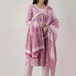 FASHION DEPTH Floral Printed Mirror Work Pure Cotton Kurta with Trousers & Dupatta-91