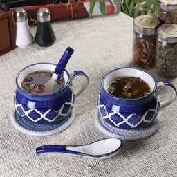 CDI Blue And White Set of 2 Dishwasher And Microwave Safe Ceramic Soup Mugs And Spoons-4