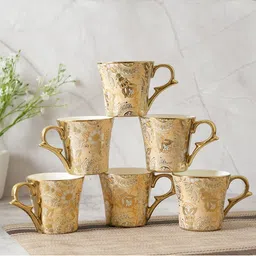 Femora Gold-Toned 6 Pieces Floral Printed Ceramic Glossy Cups 180 ml-4
