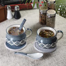 CDI  Grey & White Set of 2 Dishwasher And Microwave Safe Ceramic Matte Cups & Spoons-0